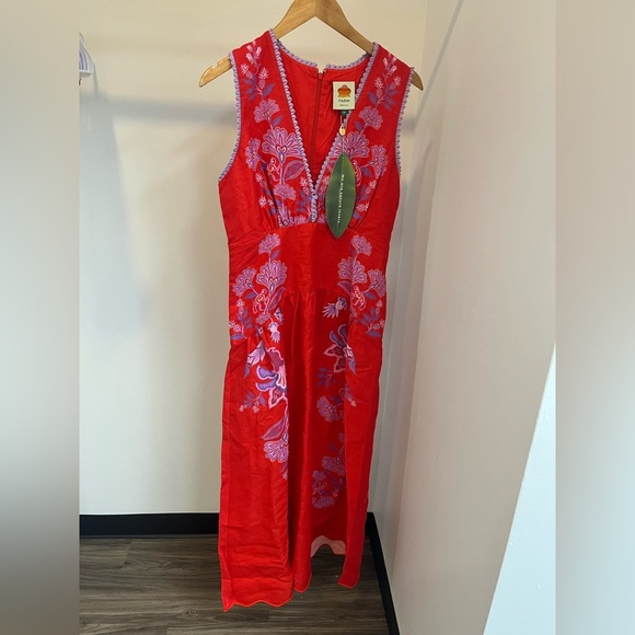 NWT Farm Rio Red Porcelain Garden Premium Linen Midi Dress M - Picture 5 of 7